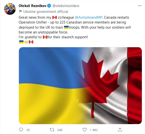 Канада возобновляет операцию «Unifier» и отправляет 200 инструкторов для обучения украинских бойцов, — министр обороны Украины Алексей Резников