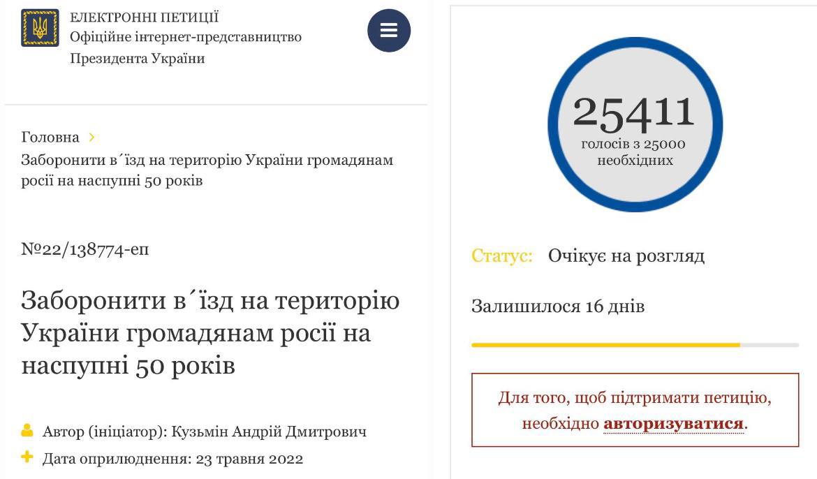 Петиция о запрете въезжать на территорию Украины гражданам России на следующие 50 лет набрала необходимое количество подписей