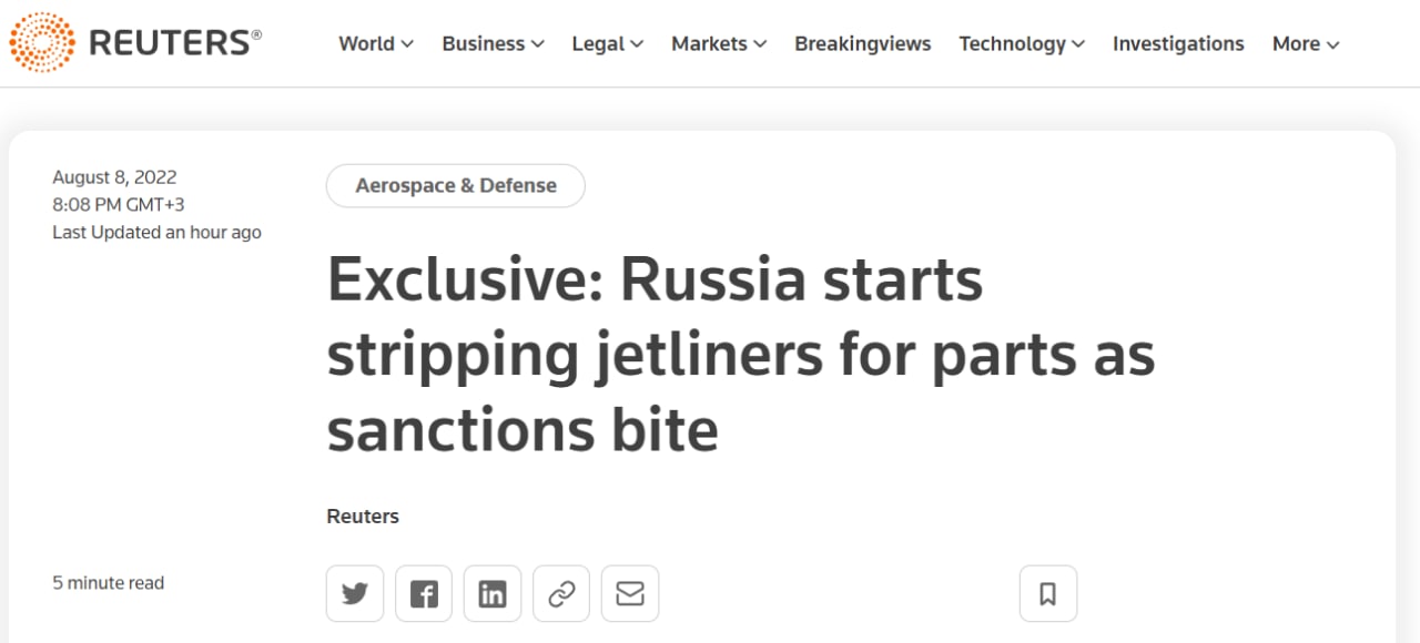 Российский "Аэрофлот" разбирает самолеты, чтобы иметь запасные части, которые больше не может купить за границей из-за санкций