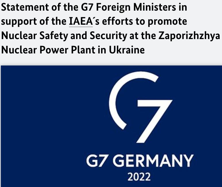 Страны G7 требуют от России вернуть Запорожскую АЭС под контроль Украины и пропустить на станцию экспертов МАГАТЭ, - заявление «семерки»