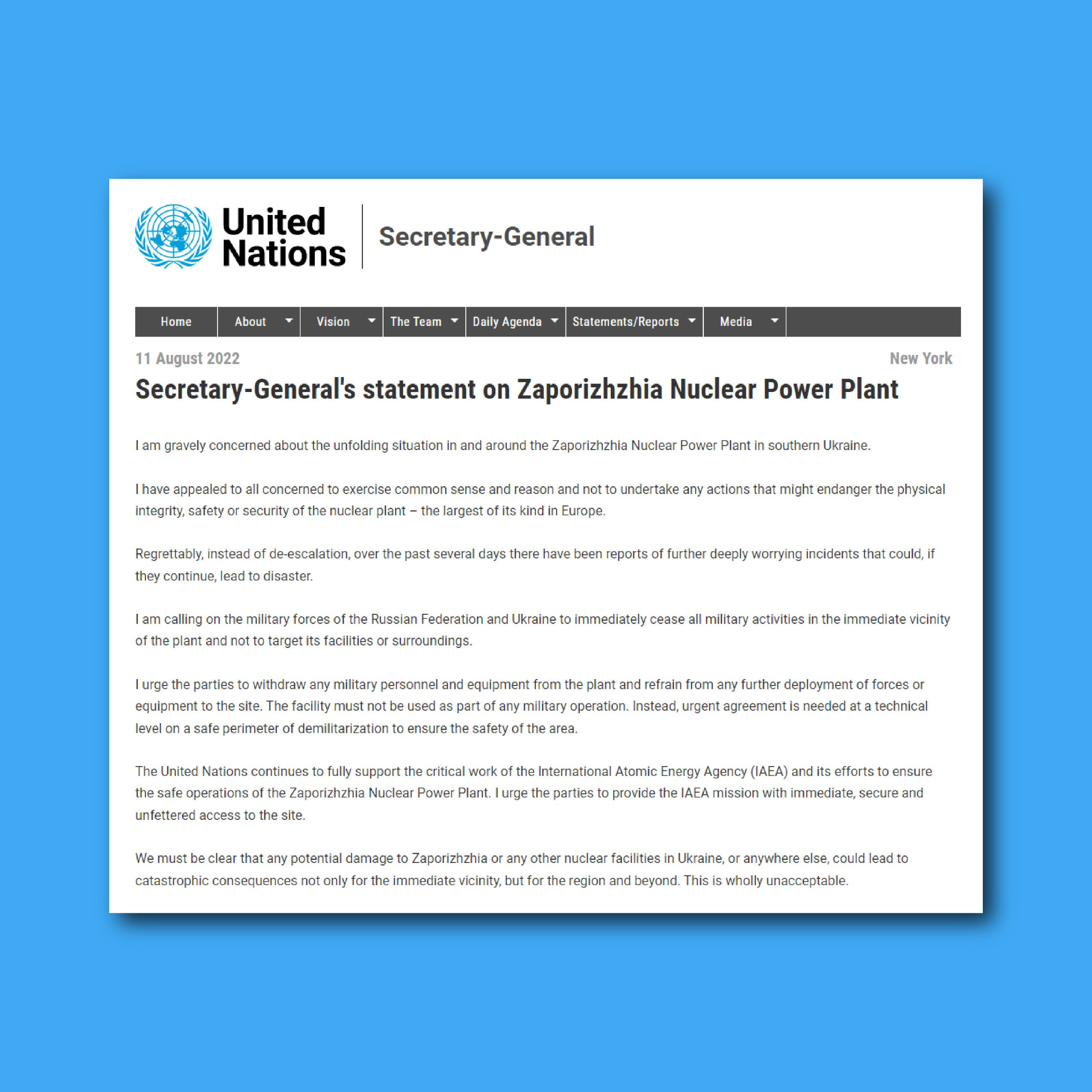 ‼️ Будь-яка потенційна шкода Запорізькій АЕС чи іншим ядерним об’єктам в Україні може призвести до катастрофічних наслідків, – Генсек ООН 