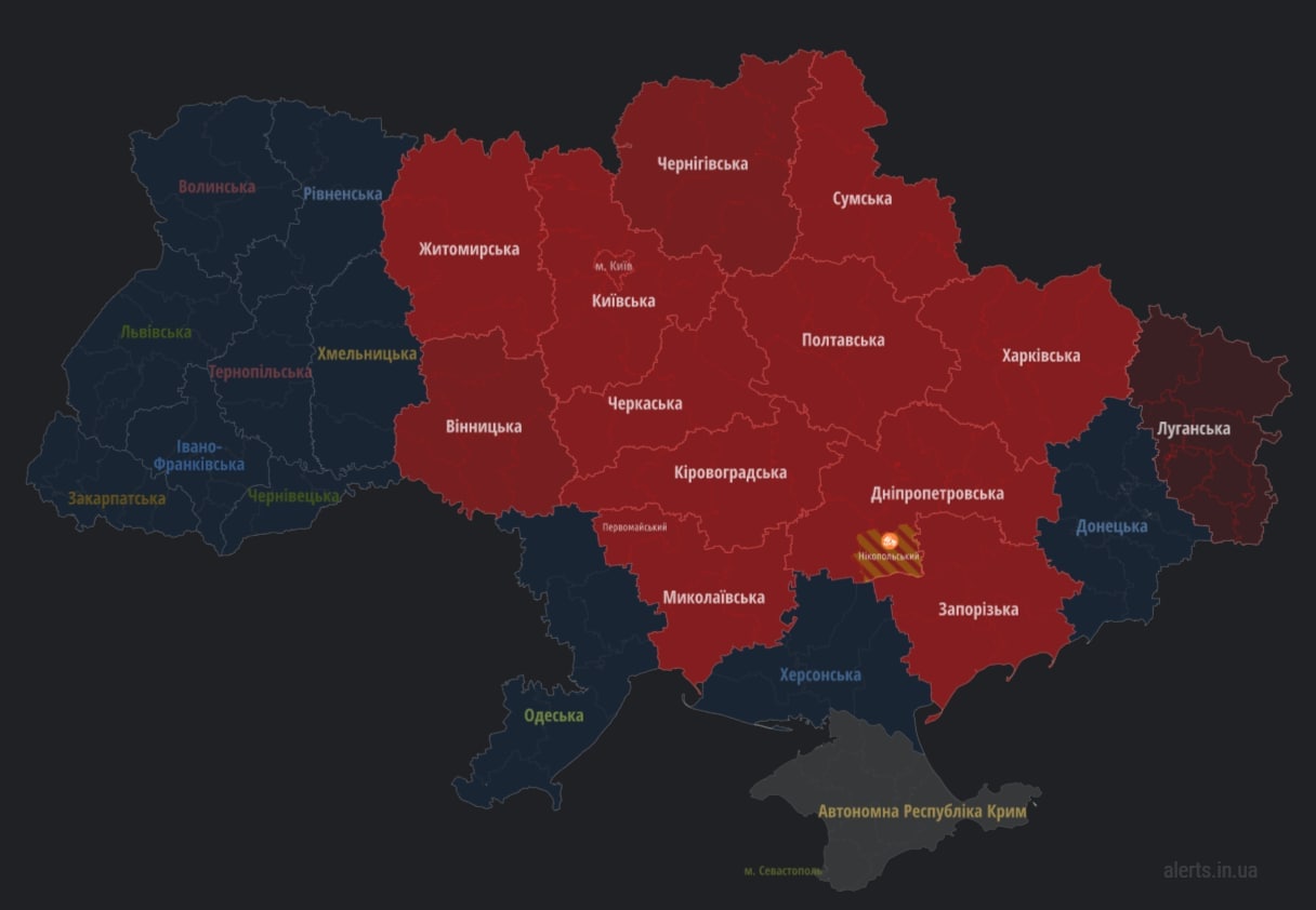 Почти по всей Украине сейчас объявлено воздушную тревогу