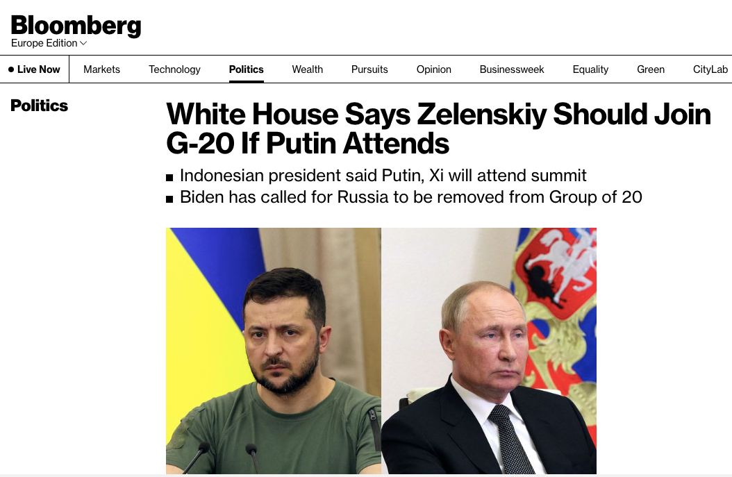 Владимир Зеленский должен принять участие в саммите G20 на Бали, если туда приедет Владимир Путин, - Вloomberg со ссылкой на Белый дом