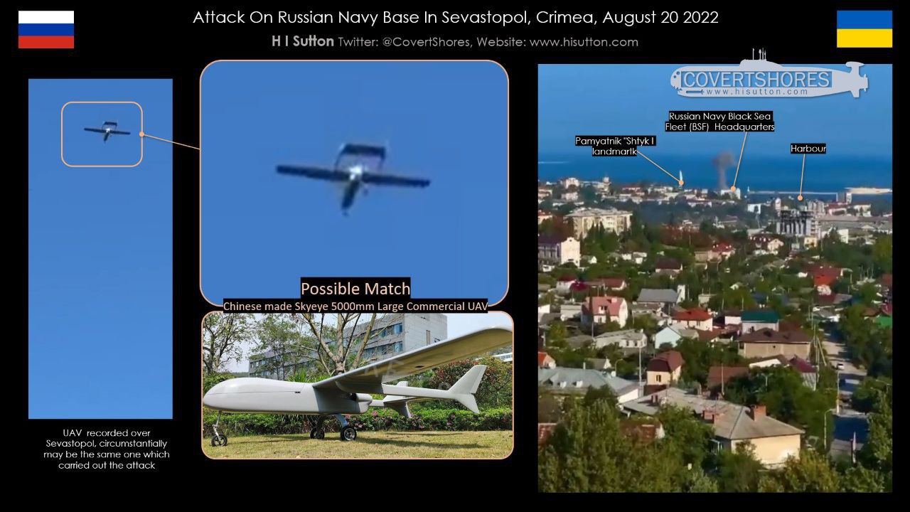 По штабу Черноморского флота РФ в оккупированном Севастополе ударили беспилотником «Mugin-5 Pro» с полезной нагрузкой ~15-20кг, способный летать без дозаправки около 7 часов