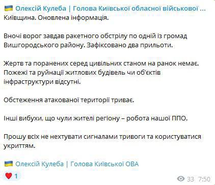 Глава Киевской ОВА Алексей Кулеба рассказал детали о ночных "прилетах" по Вышгородскому району