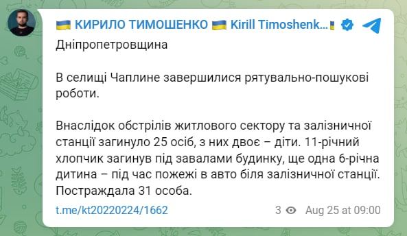 31 человек пострадал в результате ракетного удара по Чаплино, – замглавы ОП Украины Кирилл Тимошенко