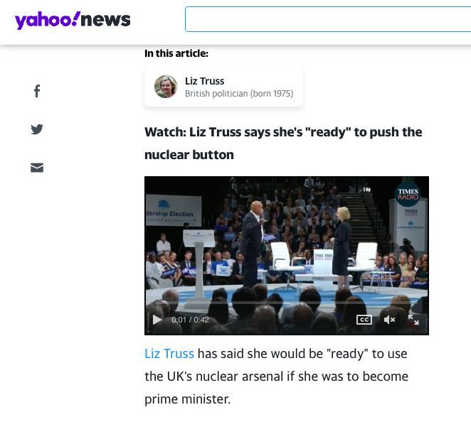 Министр иностранных дел Великобритании Лиз Трасс заявила, что в случае избрания на пост главы британского правительства будет готова применить ядерное оружие, даже если это будет означать «глобальное 
