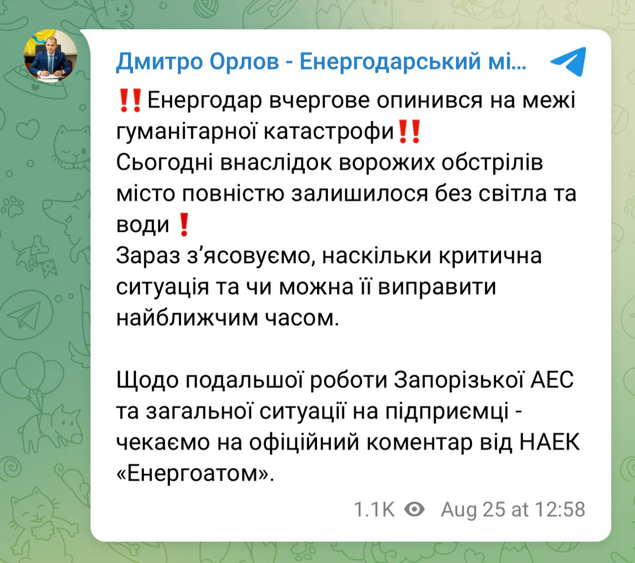 Информацию подтвердил мэр Энергодара Дмитрий Орлов
