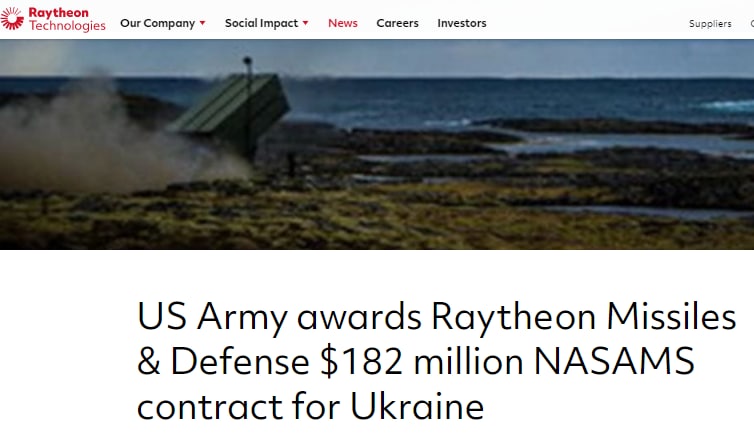 Пентагон заключил с производителем вооружений Raytheon контракт на закупку зенитно-ракетных комплексов малой и средней дальности NASAMS для Украины на 182 миллиона долларов