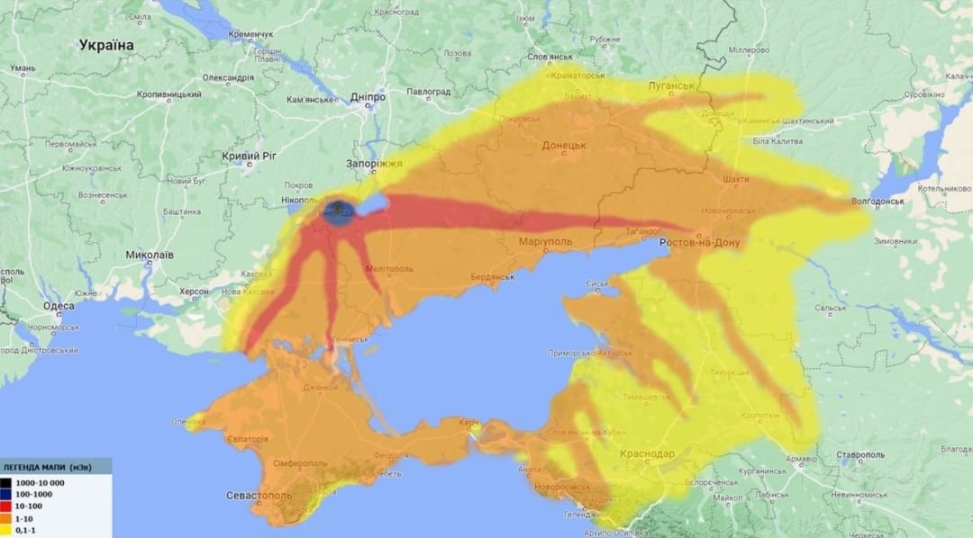 ☢️ У найближчі три доби вітер понесе радіацію на частину півдня України та південно-західні регіони росії в разі аварії на Запорізькій АЕС