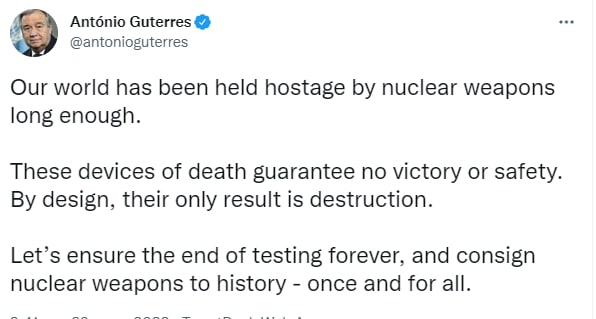 📢 Генсек ООН Антоніу Гутерріш закликав світ назавжди відмовитися від ядерної зброї