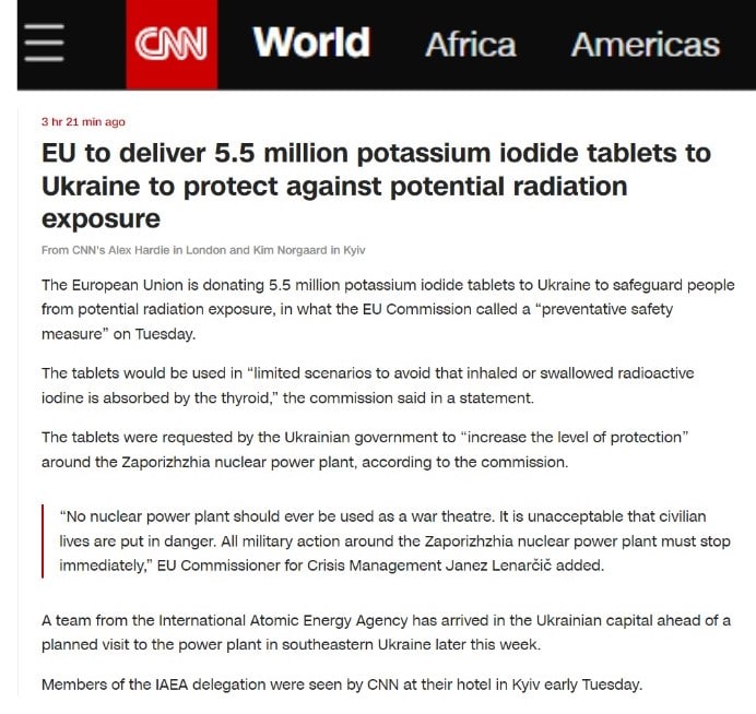ЕС поставит Украине 5,5 млн таблеток йодида калия для защиты от потенциального радиационного облучения, - CNN
