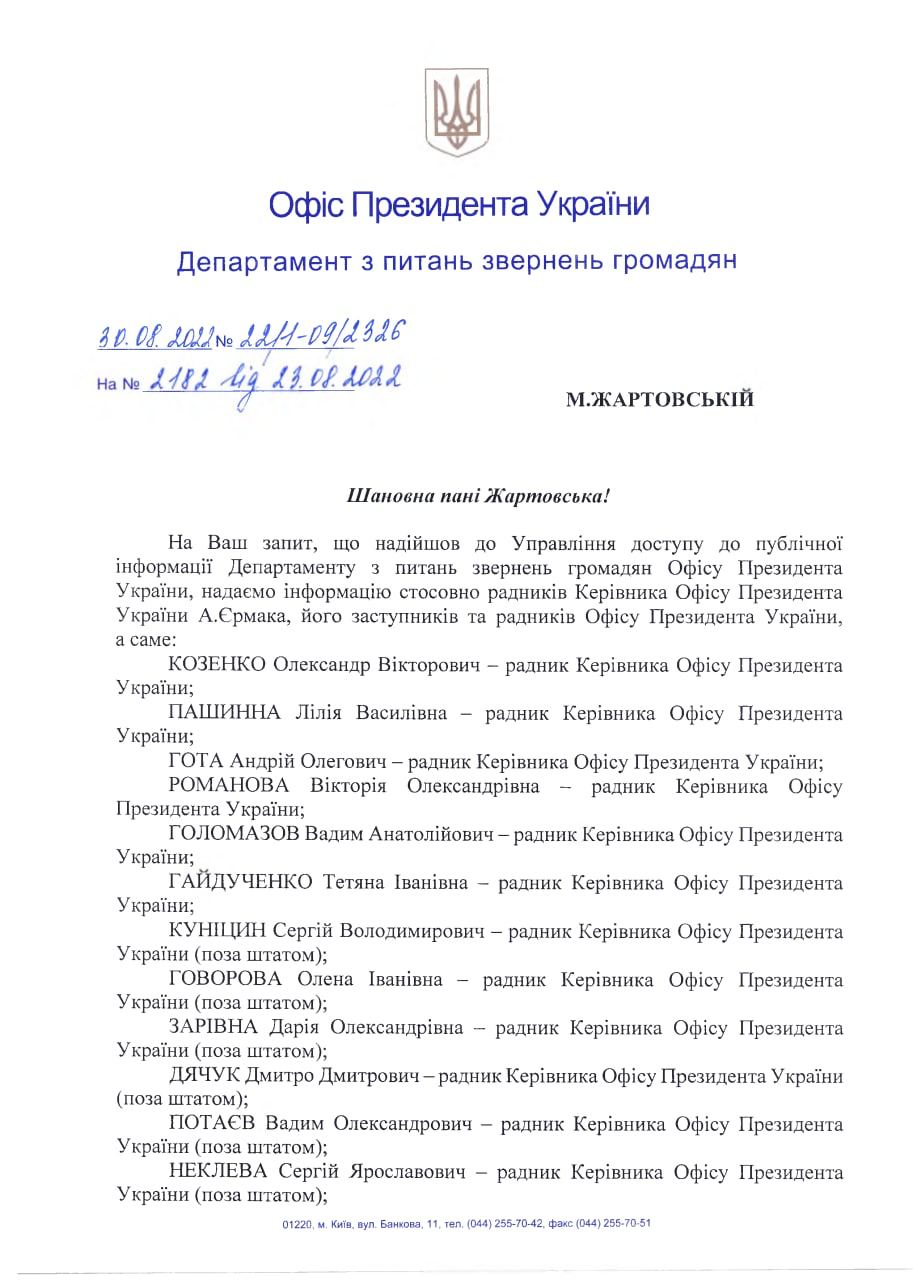 Вот так выглядит полный список советников всего ОП и его главы Андрея Ермака