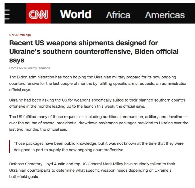 Последние поставки оружия из США предназначены для контрнаступления ВСУ на юге, - CNN со ссылкой на представителя Белого дома