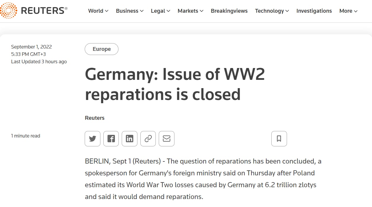Представитель МИД ФРГ заявил, что вопрос о репарациях решен, позиция Германии неизменна