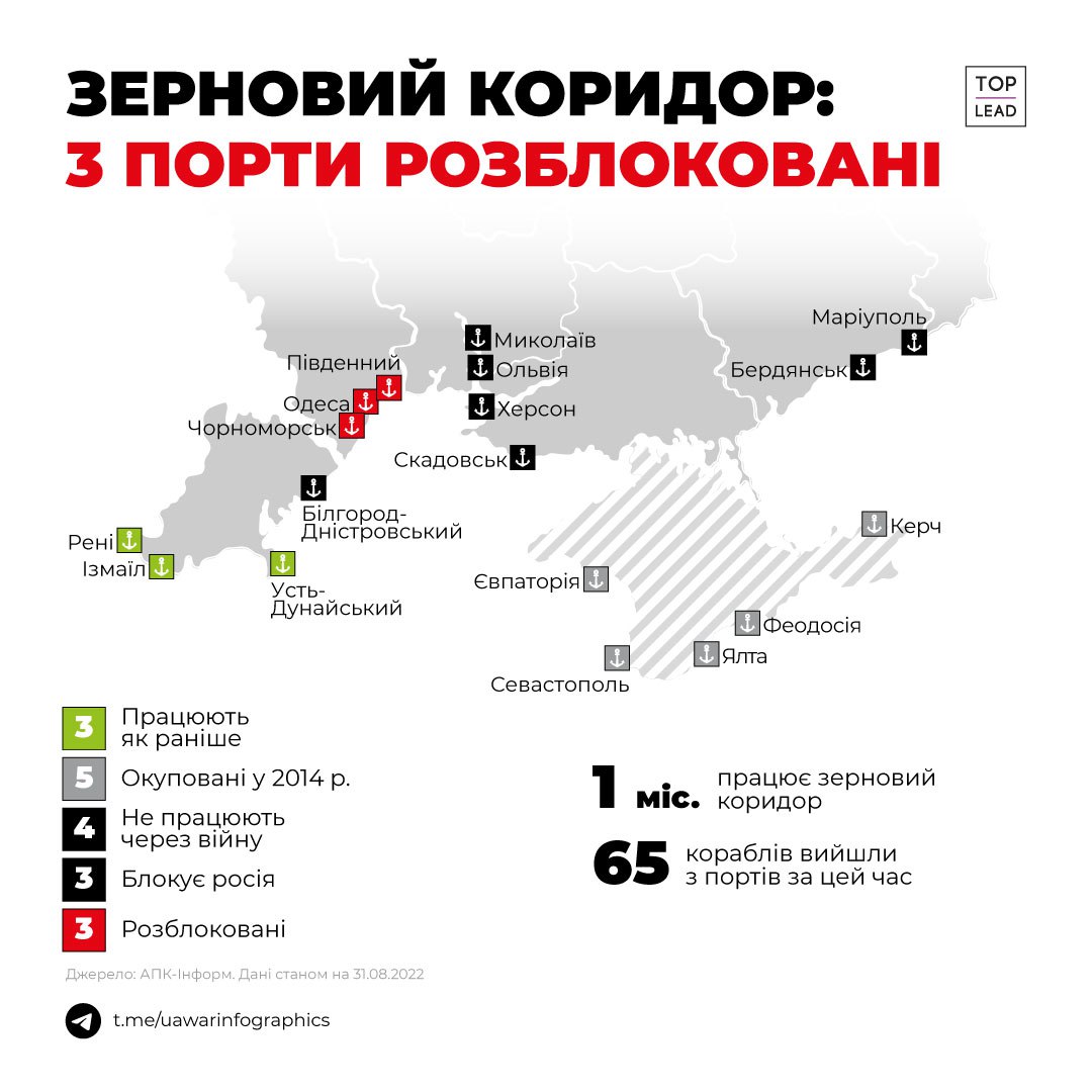 Інфографіка: результат роботи «зернового коридору» з України за місяць