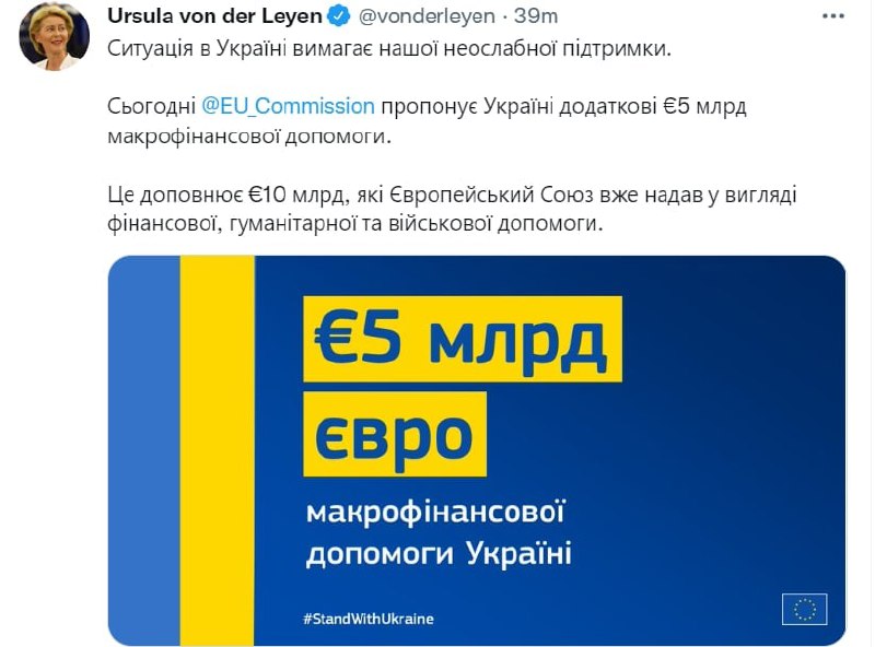 €5 млрд получит Украина в рамках второго транша макрофинансовой помощи, – президент Еврокомиссии Урсула фон дер Ляйен