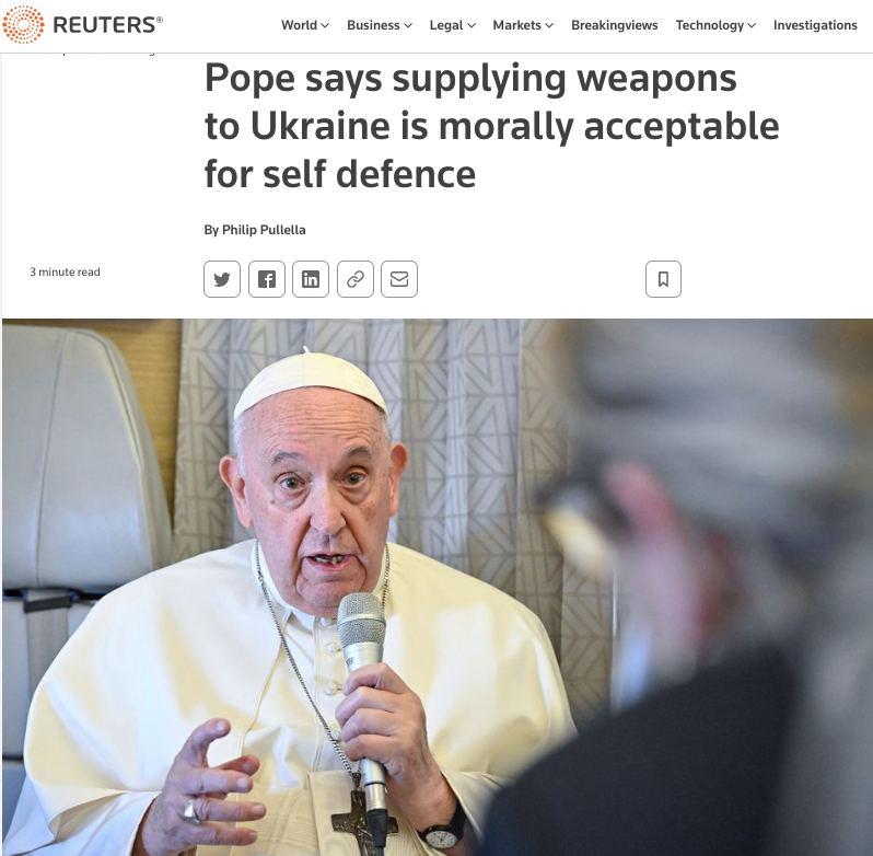 Папа Римский Франциск одобрил передачу вооружения Украине для самозащиты