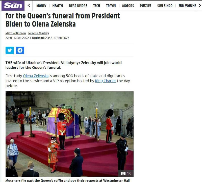 Первая леди Украины Елена Зеленская присутствовала на похоронах британской королевы Елизаветы II, — британская газета The Sun