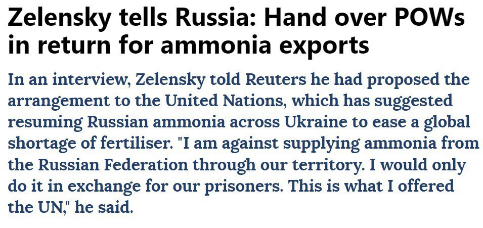 Зеленский готов возобновить экспорт российского аммиака через Украину, если РФ вернет украинских военнопленных