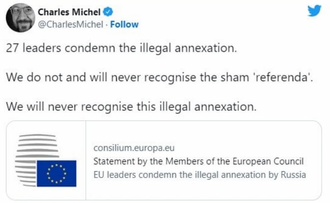 А вот и твит председателя Совета Европы Шарля Мишеля о том, что лидеры стран-членов ЕС осуждают незаконную аннексию Россией территорий Украины