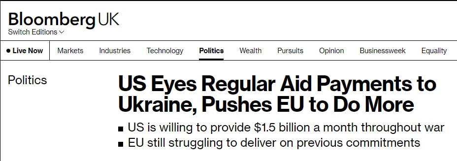 США готовы до конца войны выделять Украине ежемесячно $1,5 млрд для финансирования бюджета
