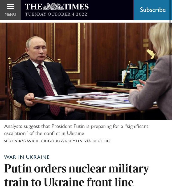 ❗️Путлер может устроить демонстративный подрыв ядерного оружия на границах Украины, ядерный военный эшелон к линии фронта уже отправлен, пишет The Times со ссылкой на военные источники