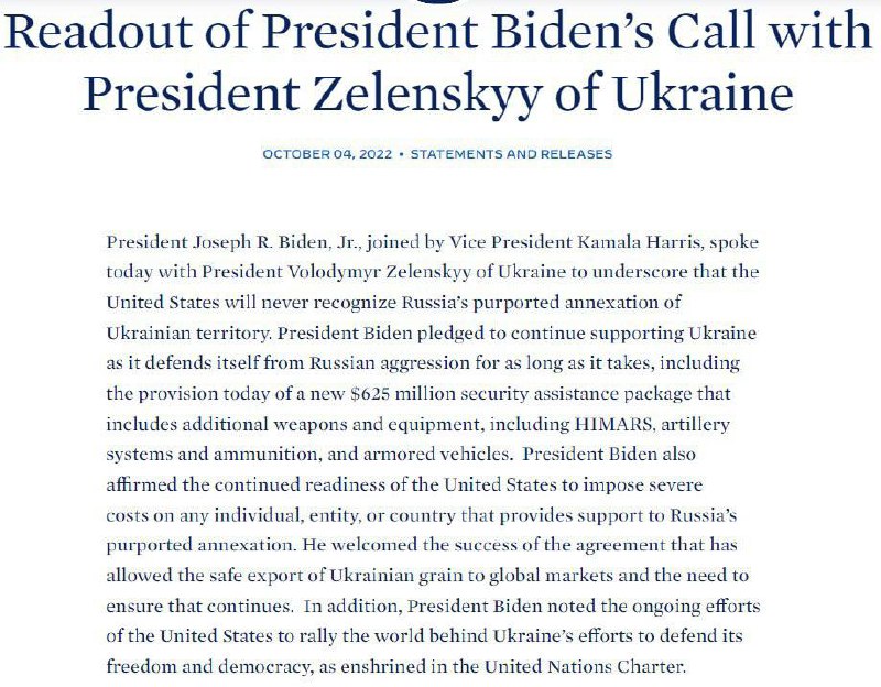США предоставит Украине новый пакет военной помощи на сумму 625 миллионов долларов, — говорится в заявлении на сайте Белого дома