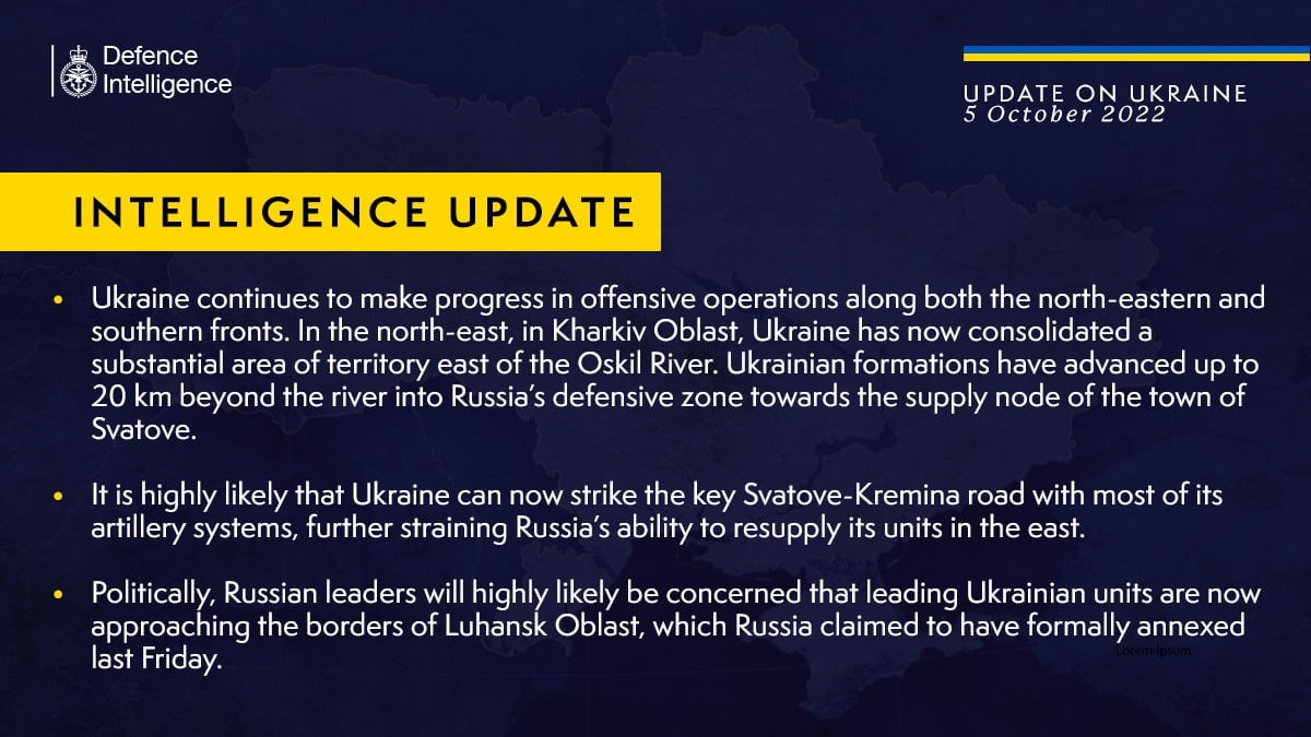 Украина в рамках наступления в Луганской области продвинулась на 20 км к российской полосе обороны в сторону города Сватово, что позволит контролировать важный узел снабжения россиян, - британская раз