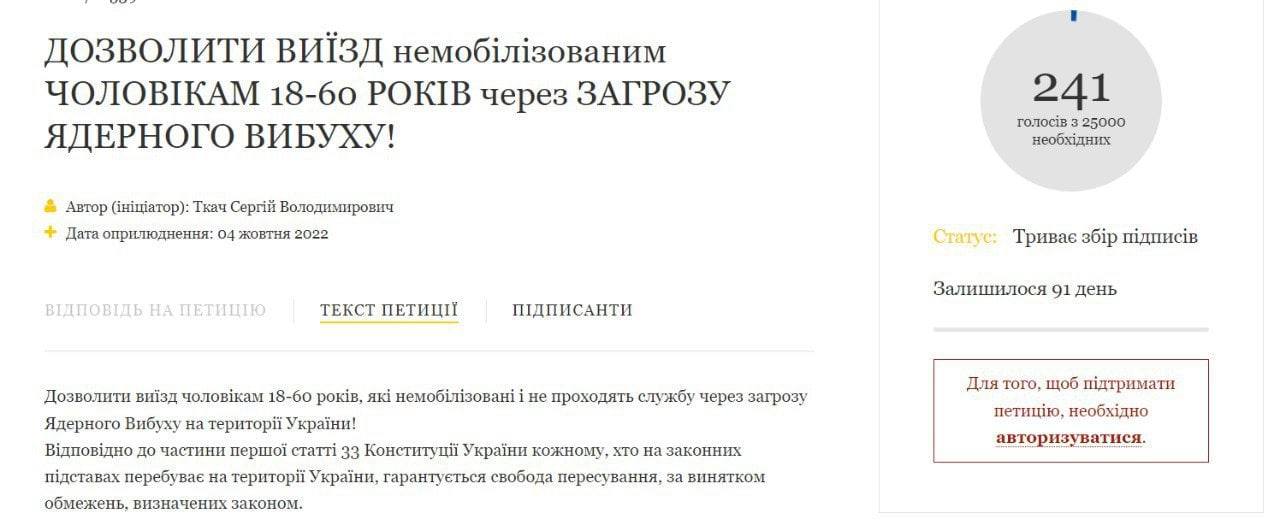 На сайте президента появилась петиция с предложением разрешить выезд всем немобилизованным мужчинам 18-60 лет «из-за угрозы ядерного взрыва на территории Украины»