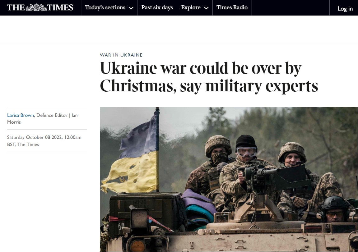 Война в Украине может закончиться к Рождеству, - пишет The Times со ссылкой на источник в британском правительстве