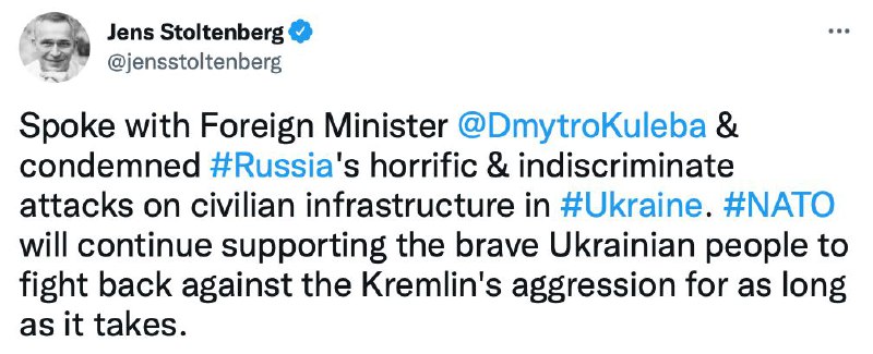 🗣 Генеральний секретар НАТО Єнс Столтенберг засудив росію та її жахливі напади на цивільну інфраструктуру України