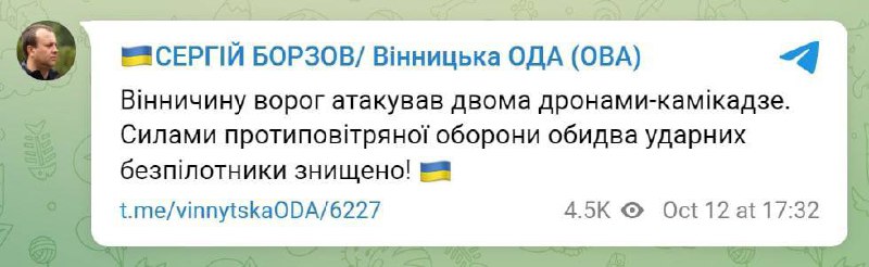 ❗️ РФ атаковала Винницкую область двумя дронами-камикадзе, их удалось сбить, — глава ОВА Сергей Борзов