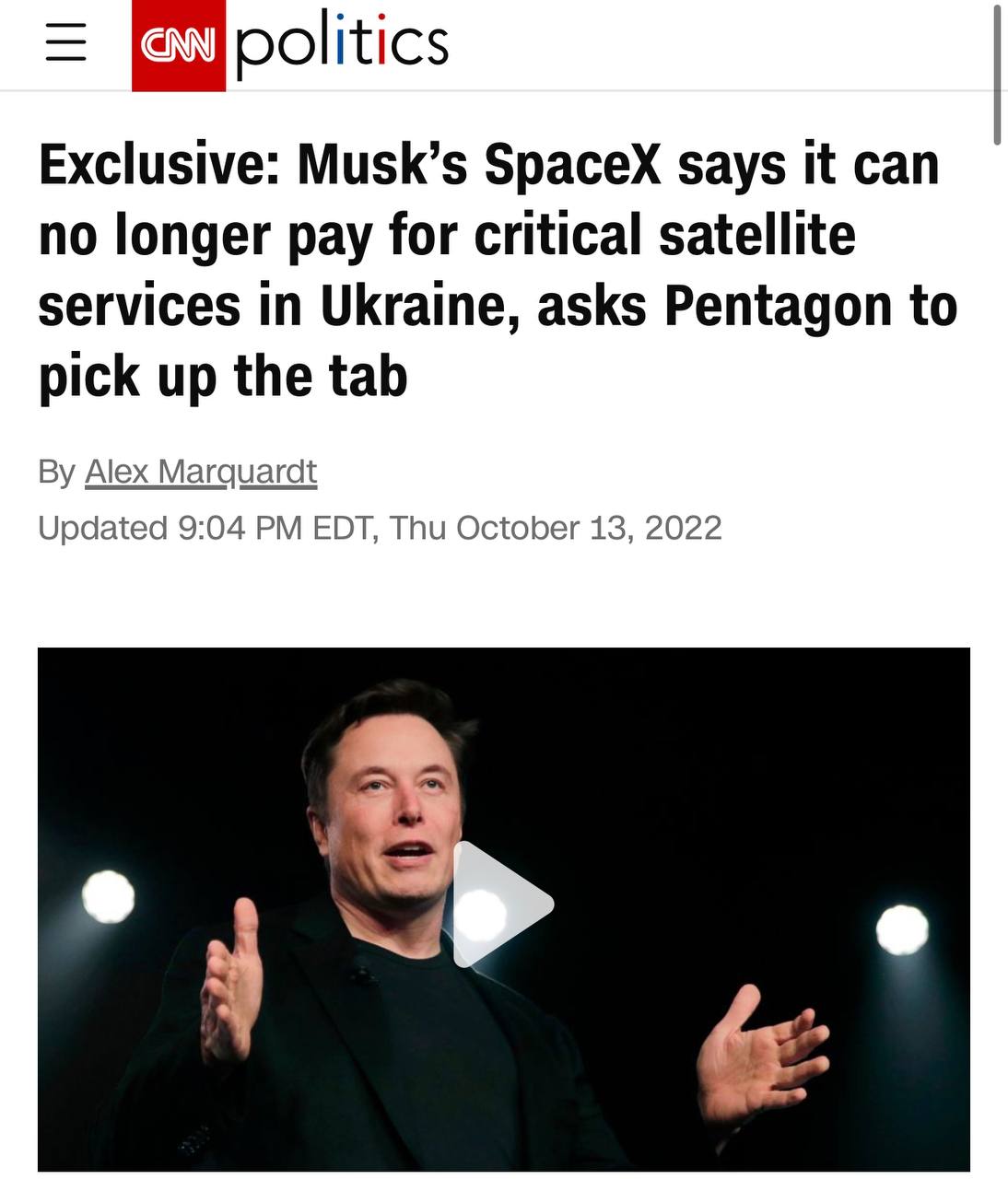 В SpaceX Илона Маска заявили, что больше не смогут финансировать услуги Starlink в Украине - CNN 