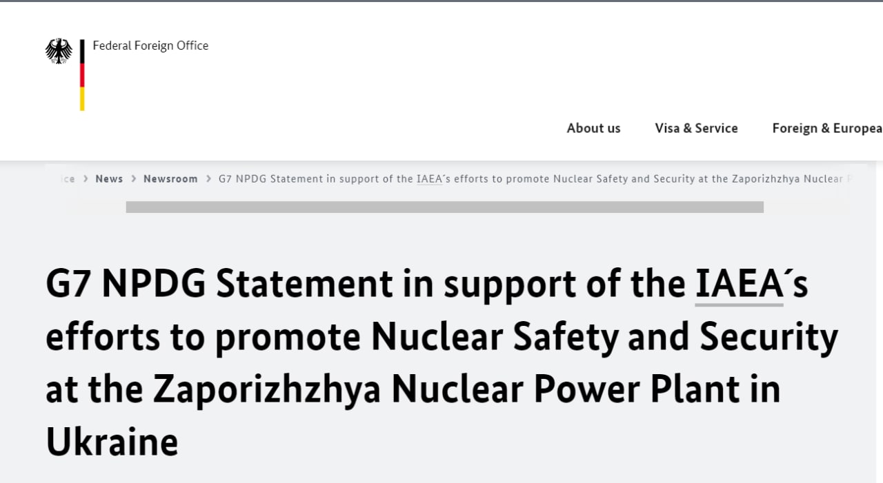 G7 призвала Россию немедленно вернуть Украине полный контроль над Запорожской атомной электростанцией и вывести из нее свой персонал и войска