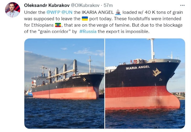 В порту Одессы из-за приостановки зерновой сделки Россией заблокировано судно, зафрахтованное ООН в рамках Всемирной продовольственной программы, которое должно было доставить 40 тысяч тонн зерна в Аф