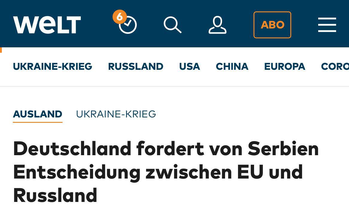 Германия требует от Сербии сделать выбор между ЕС и Россией, — пишет издание Welt со ссылкой на слова неназванного представителя правительства Германии