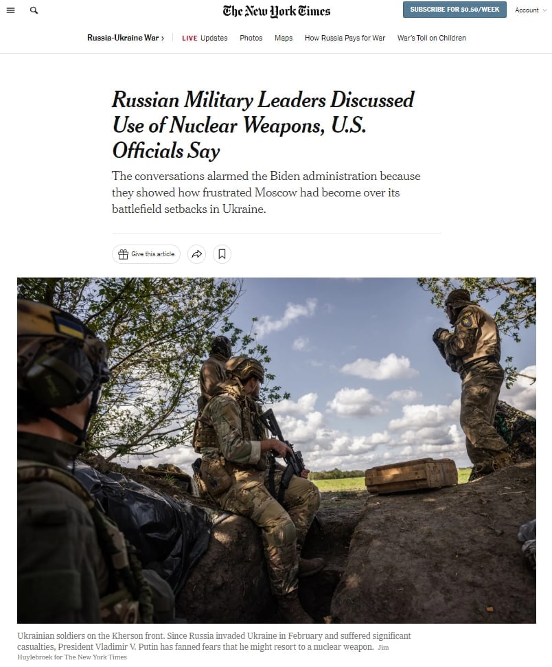 Российские военные недавно обсуждали применение ядерного оружия в войне против Украины, но признаков подготовки нет, — The New York Times со ссылкой на официальных лиц США