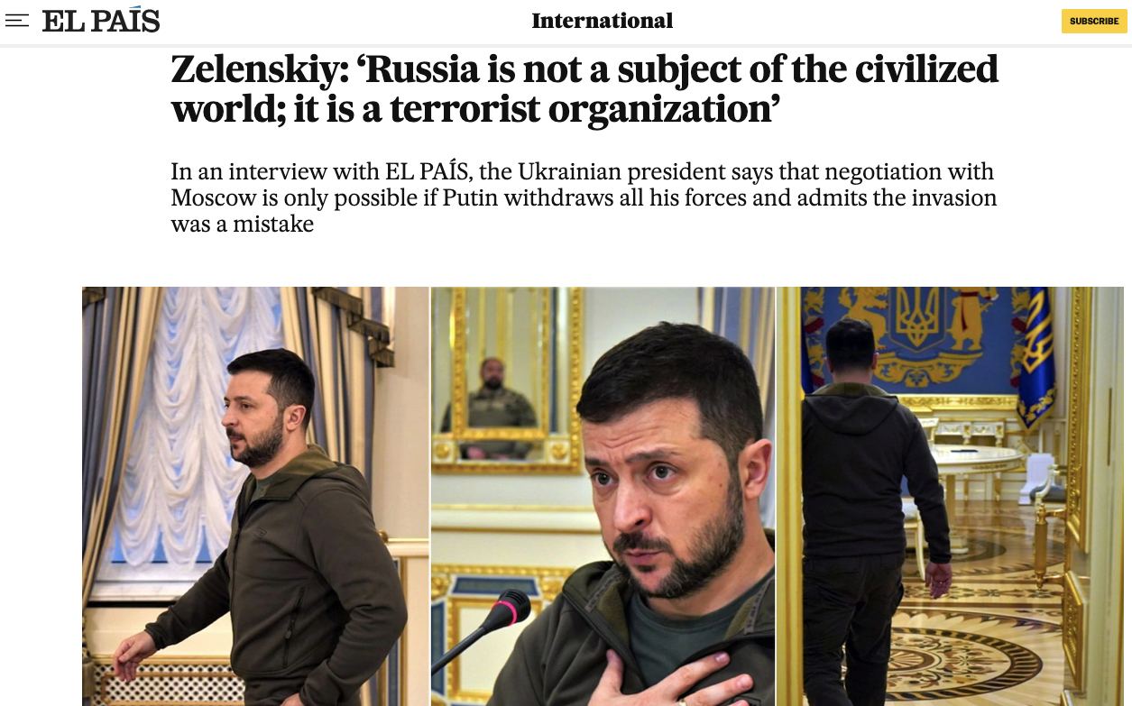 Россия не является субъектом цивилизованного мира; это террористическая организация, возглавляемая группкой людей, - Зеленский в интервью El País