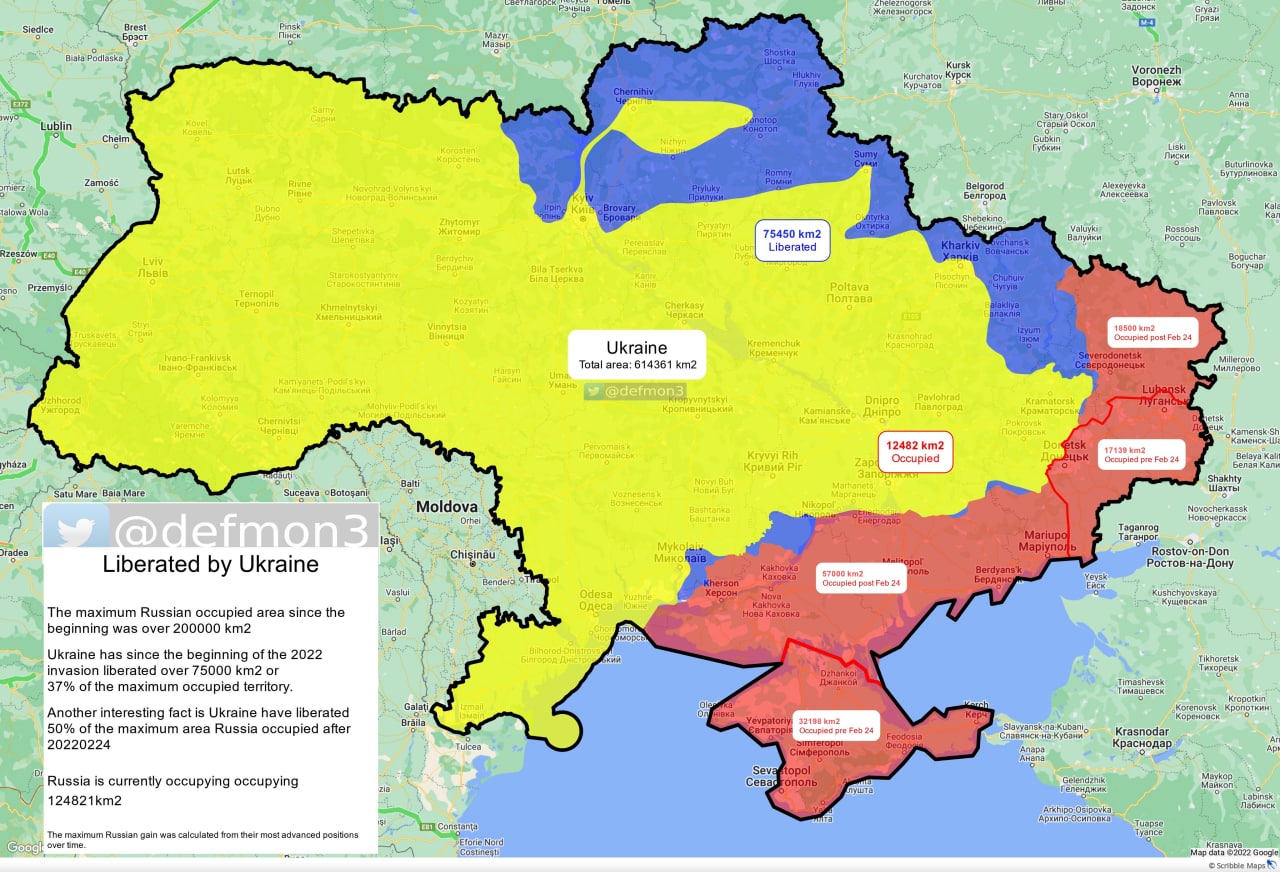 ВСУ освободили уже 37% территории Украины, что находилась под российской оккупацией (считая с оккупированными в 2014 году Крымом и ОРДЛО), или 50% от того, что РФ оккупировала после 24 февраля 2022, —