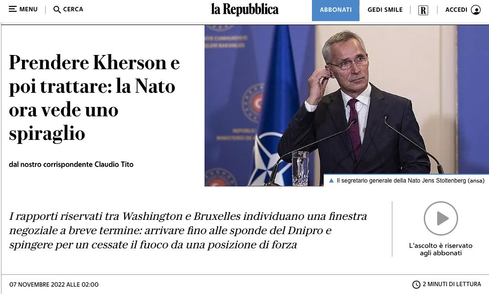 НАТО и США не исключают переговоров между Украиной и Россией после возвращения Херсона, - La Repubblica