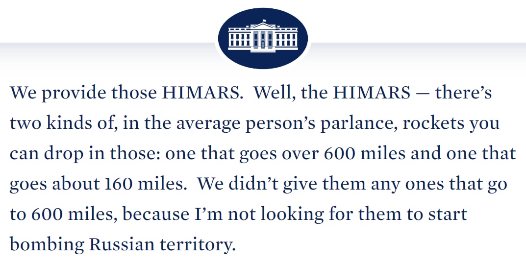❗️Байден сделал заявление, из которого стало известно, что ракеты для HIMARS с дальностью полета 257 км уже переданы Украине