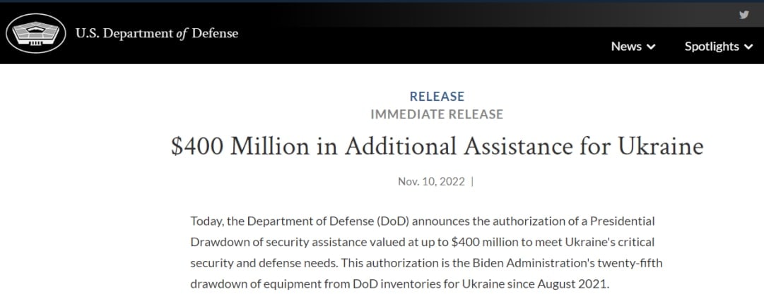 Министерство обороны США предоставляет $400 млн дополнительной помощи для Украины, – Пентагон