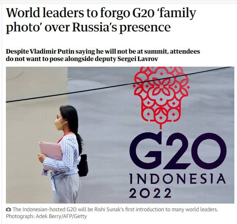 Мировые лидеры не примут участие в официальной групповой фотосессии во время встречи на саммите G20 на Бали «из-за дискомфорта в связи с присутствием России на саммите», - The Guardian