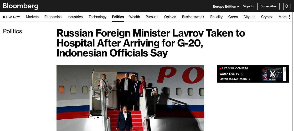 ⚡️Лошади Лаврову приплохело:он доставлен в больницу после прибытия на саммит G20 на Бали, сообщает AP со ссылкой на индонезийских чиновников