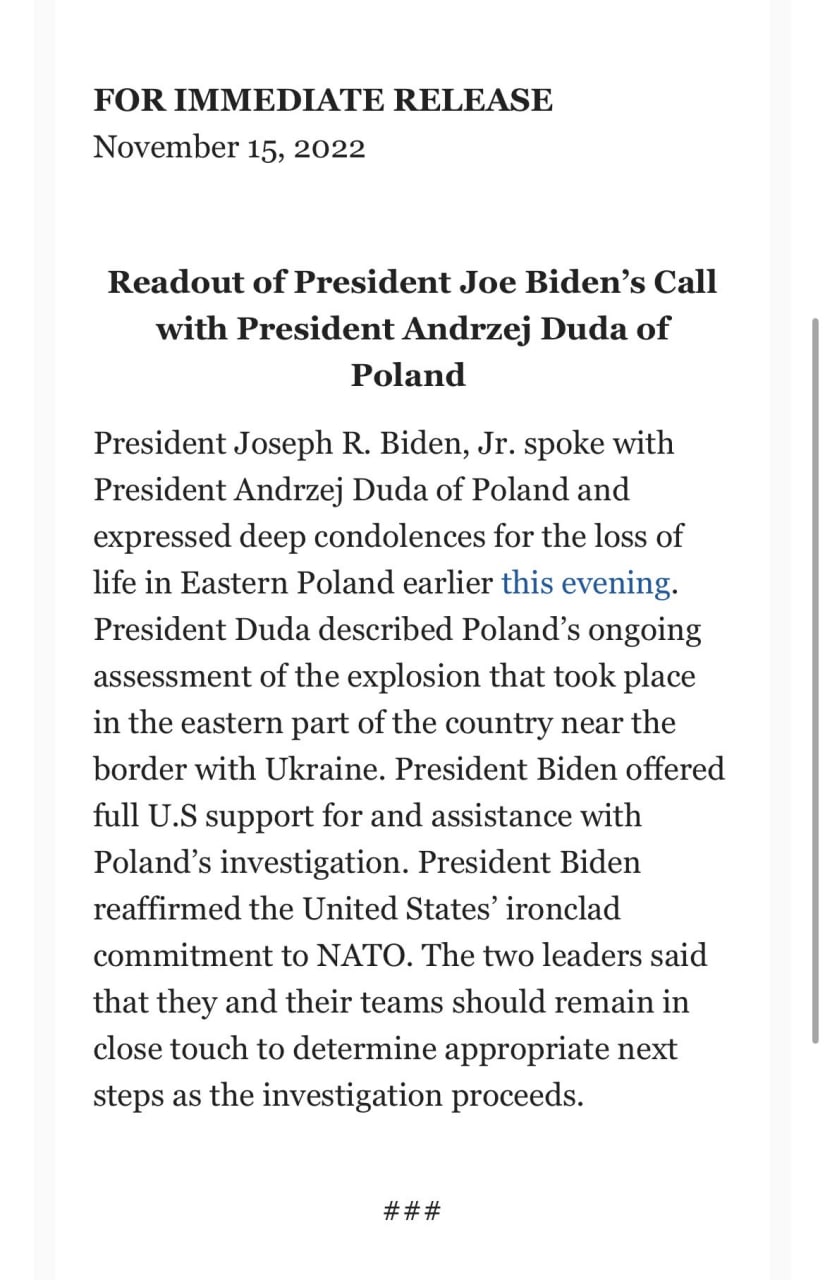 Президент США Байден провел разговор с генсеком НАТО на фоне сведений о взрыве в Польше? — канцелярия Белого дома