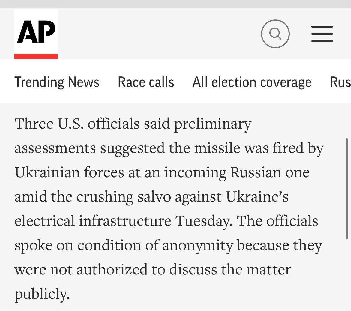 AP: Ракета, упавшая на территорию Польши, могла быть выпущена украинскими силами ПВО, которые пытались сбить российскую ракету