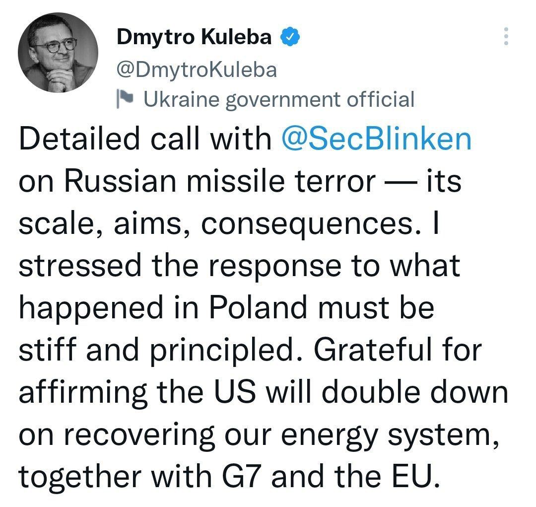 Глава МИД Украины Дмитрий Кулеба в разговоре с госсекретарем США Энтони Блинкеном призвал к жесткому ответу на падение ракеты в Польше