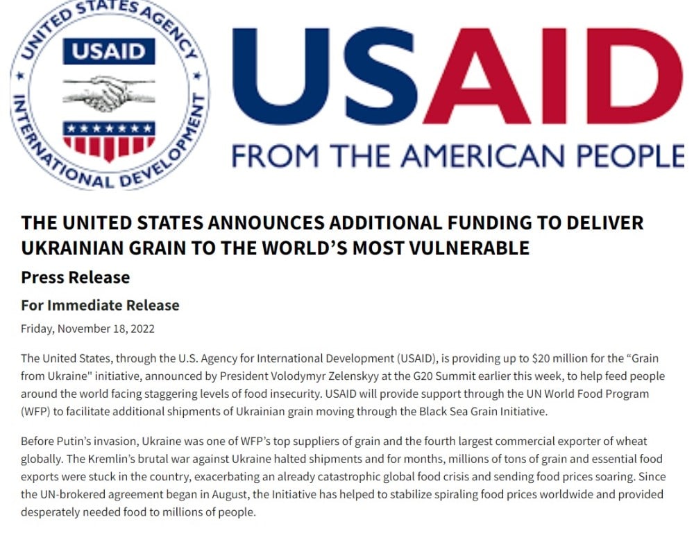 США выделяют $20 млн на инициативу «Зерно из Украины», - сообщает USAID