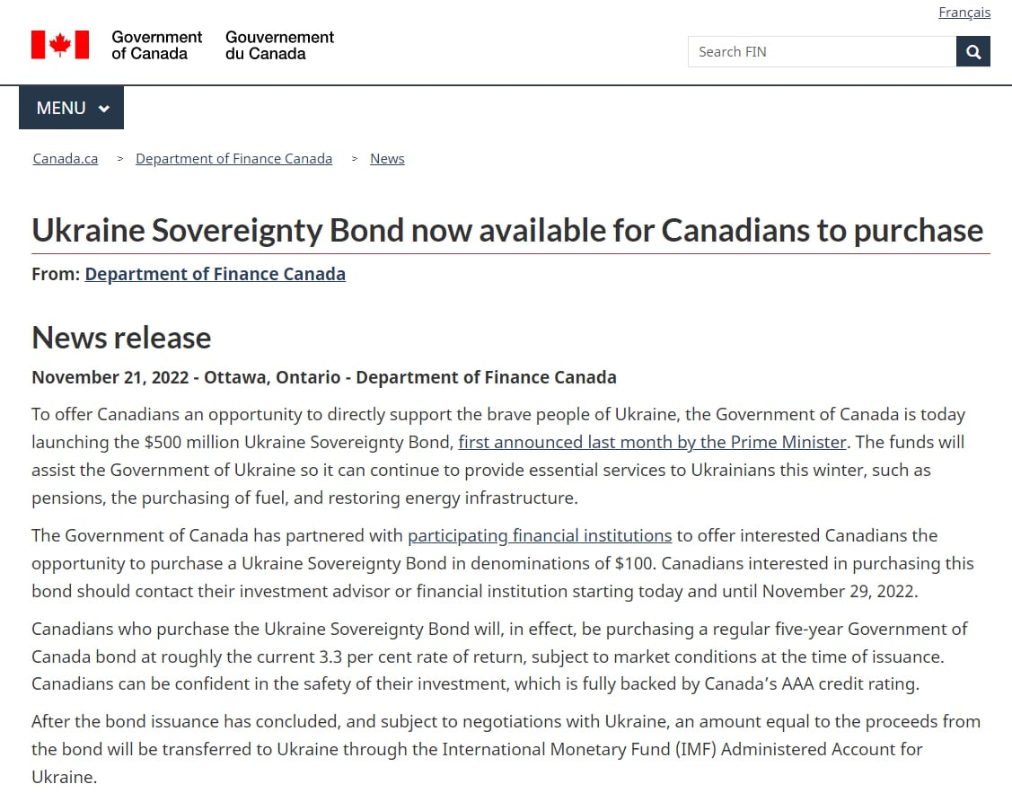 Канада выпустила государственные облигации, средства от продажи которых передадут Украине, - объявили в министерстве финансов Канады
